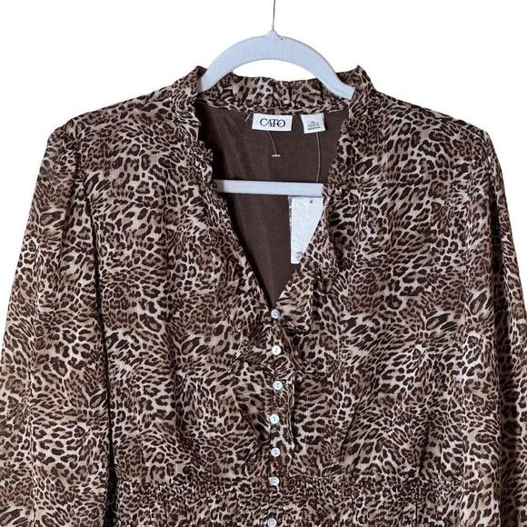 Cato Animal Print Blouse Chiffon Metallic Gold Thread Smocked XL NWT - Picture 4 of 12